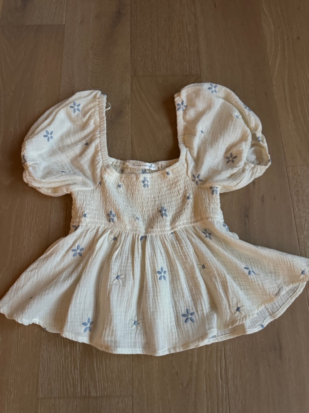 Altar'd State Cream Puff-Sleeve Floral Top with Blue Flowers